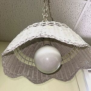 Vintage BOHO White Wicker Swag Pendant Lamp Hanging 1970's